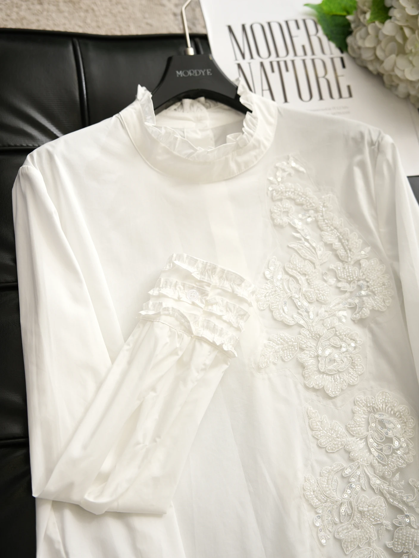 French Riviera Vacation Chic White Long Sleeve Embroidered Lace Trim Stand Collar Shirt Women's Premium Cotton Blouse - AliExpress Shirts & Blouses