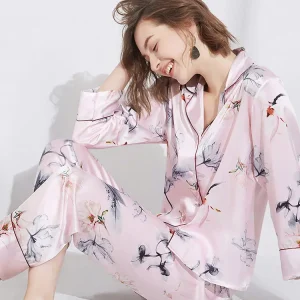 100% Mulberry Silk Floral Women's Pajama Long Sleeve Lapel Collar Tops & Long Pants Smooth Sleepwear Comfortable Homewear Pj Set - AliExpress Women's Sleep & Lounge