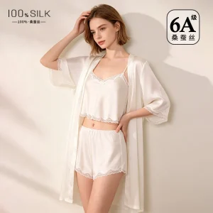 Sexy Lace Trim 100% Mulberry Silk Pajamas Set 3 Piece Robe Cami Shorts Sleepwear Women Wedding Night Lingerie - AliExpress Women's Sleep & Lounge