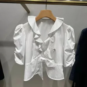 Spring 2026 Pure Cotton Short Sleeve Shirt Women's French Style Breathable Floral Knot Open Front Top - AliExpress Shirts & Blouses