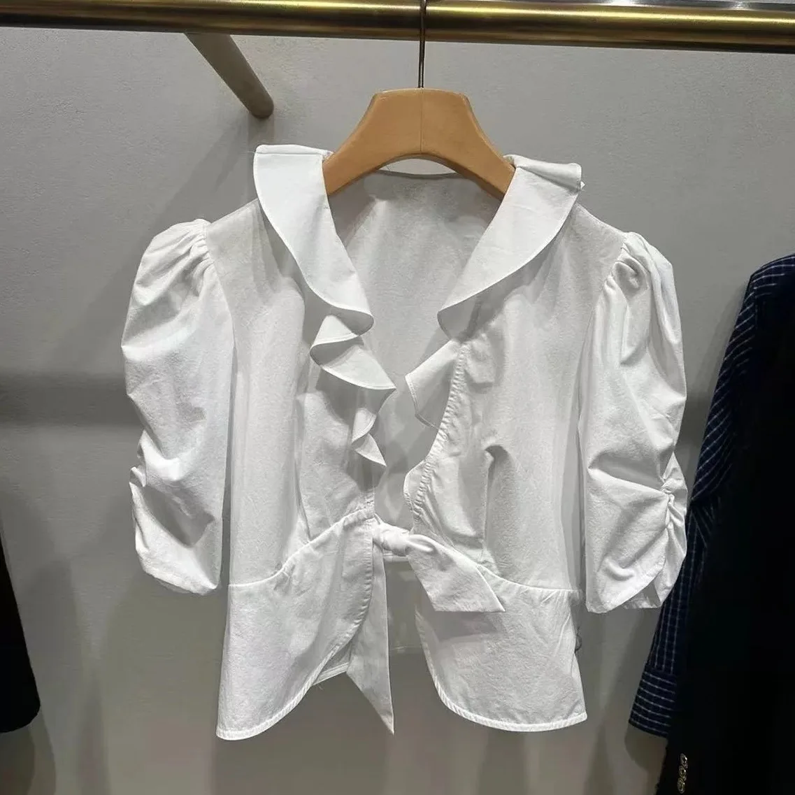 Spring 2026 Pure Cotton Short Sleeve Shirt Women's French Style Breathable Floral Knot Open Front Top - AliExpress Shirts & Blouses