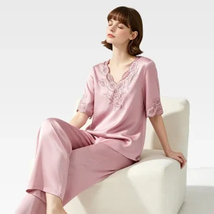Women 100% Real Silk Pajamas Pink Sexy Lace V-neck Homewear Pure Silk Summer Thin Luxury Pijamas Femmel - AliExpress Women's Sleep & Lounge