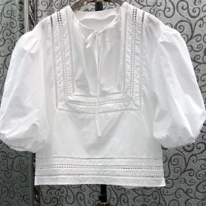 Milan Small Town White Shirt Bubble Sleeve Lace Splicing Hollow out Collar Ribbon Tie Women's Original Design Straight Cut Shirt - AliExpress Shirts & Blouses