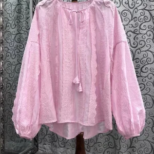 High Quality New Blouse Shirts 2025 Spring Summer Tops Women Bow Collar Exquisite Embroidery Long Sleeve White Pink Loose Tops - AliExpress Shirts & Blouses