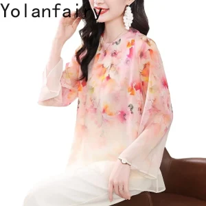YOLANFAIRY Luxury 100% Real Mulberry Silk Shirts for Woman Spring Summer Fashion Floral Blouses Elegant Womens Tops Tee Shirt - AliExpress Shirts & Blouses