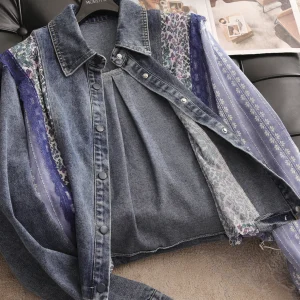 Floral Print Denim Long Sleeve Shirt with Lace Trim Patchwork Drawstring Women's Spring Fashion Casual Breathable Cotton Top - AliExpress Shirts & Blouses