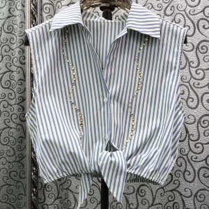 Fashionable Milanese Small Town Casual Short Sleeveless Bared Waist Knot Diamond Stripe Shirt Vest Women's Premium Clothing - AliExpress Shirts & Blouses