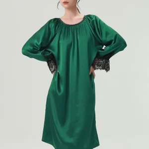 100% Mulberry Silk Women's Sleepwear Nightgown Lace Trim Long-sleeved Ngihtdress Chemise Emerald Midi Dress Loose Sleepshirts PJ - AliExpress Women's Sleep & Lounge