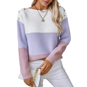 Contrasting color oneword collar button pullover women's European and American sweater casual loose cross-border knitted sweater - AliExpress Sweaters&Jumpers