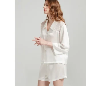100 Mulberry Silk Pajamas Suit Sexy Lace Women's Summer Pijama Lapel Female Sleep Two Piece Set Three-quarter Sleeve Shorts Set - AliExpress Women's Sleep & Lounge