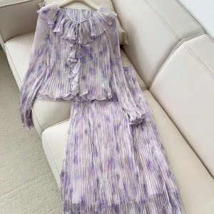 Elegant Long Sleeve Pleated Shirt Women's Purple Mist Gradient Hem Leaf Collar Two-Piece Set High Fashion Silk Blend - AliExpress Shirts & Blouses