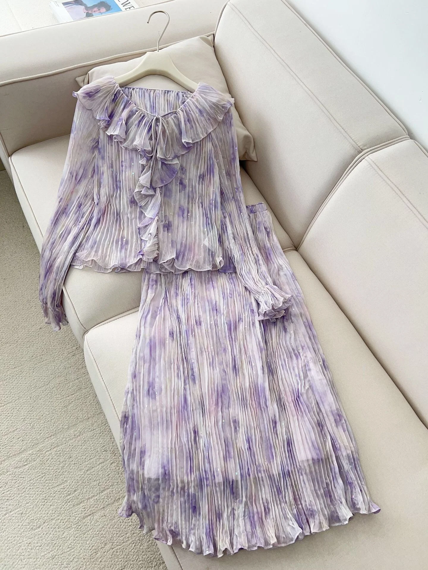 Elegant Long Sleeve Pleated Shirt Women's Purple Mist Gradient Hem Leaf Collar Two-Piece Set High Fashion Silk Blend - AliExpress Shirts & Blouses