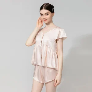 100% Mulberry Silk Pajama Set Women V-Neck Button Down Short Sleeve Top & Shorts 2 Piece Set Luxury Satin Sleepwear Loungewear - AliExpress Women's Sleep & Lounge