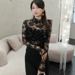 Sexy Lace Base Shirt Women Long Sleeve Half High Collar Slimming See through Flower Decorated Top Lace Small Shirt Slimming - AliExpress Shirts & Blouses