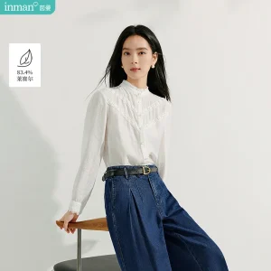 Inman 2025 Autumn New Women's French Lace Trim Stand Collar Lyocell White Blouse - Commuter Lightweight Long Sleeve Innerwear - AliExpress Shirts & Blouses