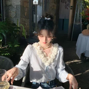 Blue V-ne Striped irt Women's Early Spring Loose Fit French Sle Long Sve Casual Top by Deer Auntie Zhuo Uncle - AliExpress Shirts & Blouses