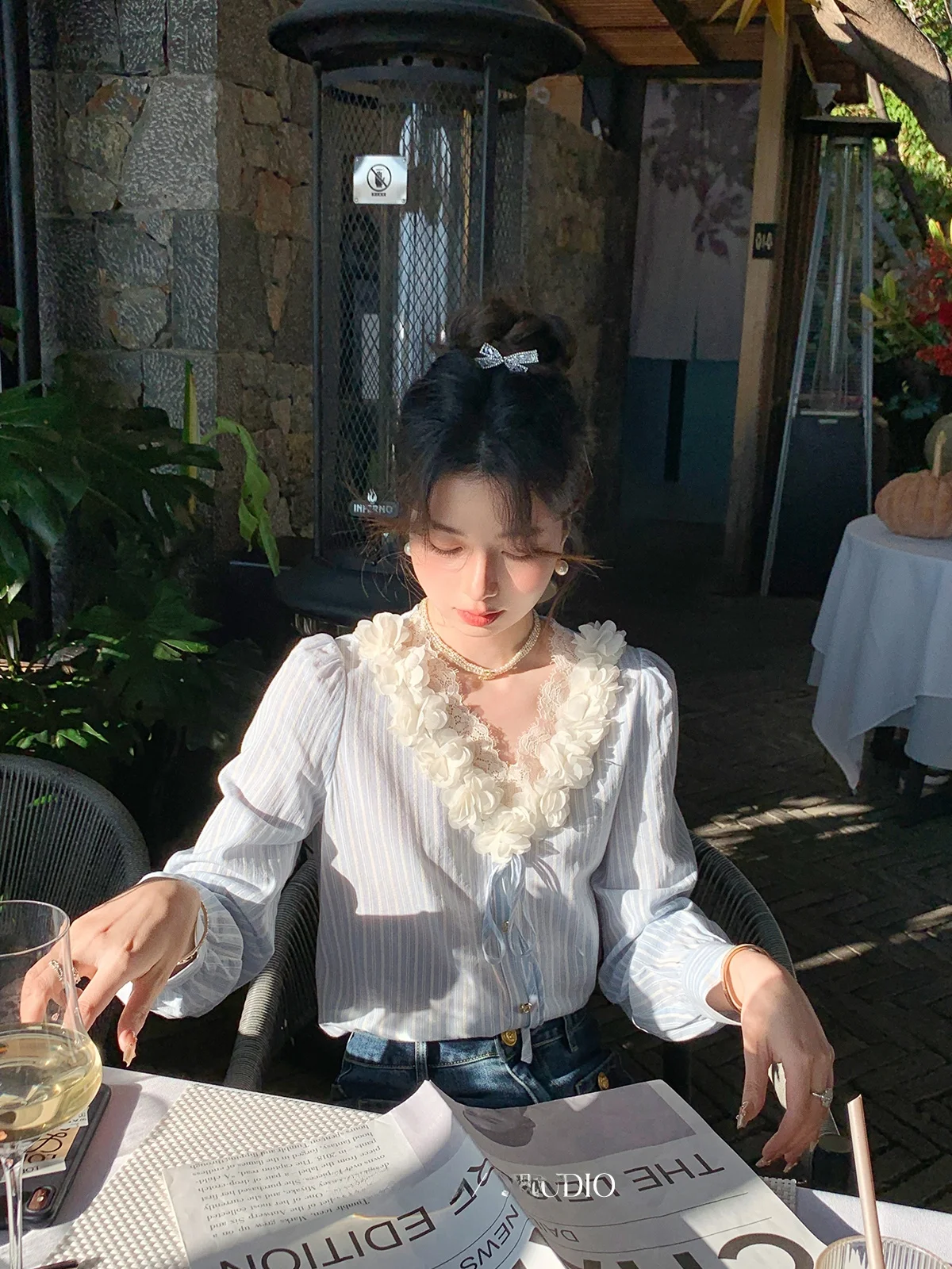 Blue V-ne Striped irt Women's Early Spring Loose Fit French Sle Long Sve Casual Top by Deer Auntie Zhuo Uncle - AliExpress Shirts & Blouses