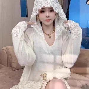 Korean Style Lace Splice Hat Knitted Sweater Women Loose Heavy Gauge Hook Flower Base Shirt Top Mid-Length Pure Color - AliExpress Shirts & Blouses