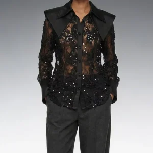 Women's collared shirt, sheer lace-paneled top, stylish and elegant sequined single-breasted jacket, high-quality shirt, 2026, - AliExpress Shirts & Blouses