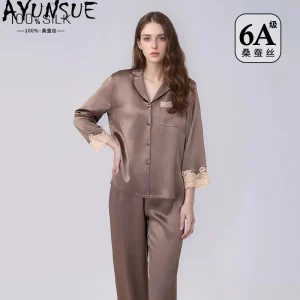 AYUNSUE 100% Silk Womens Matching Sets High-end Pajamas for Women Long Sleeve Top Long Pants Woman Clothes Spring Пижама Женская - AliExpress Women's Sleep & Lounge