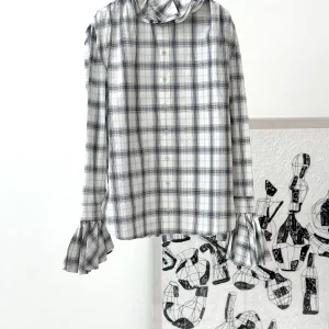 Retro Plaid Loose Fit Women's Shirt with Pleated Hem And Bell Sleeves Floral Trim Slimming Top for Teen Girls - AliExpress Shirts & Blouses