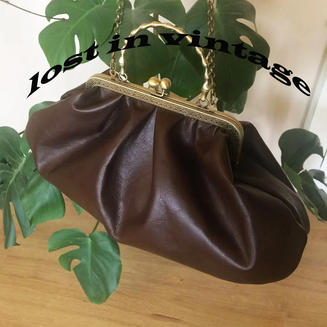 Lost in Vintage Leather Tailored Brown Leather Bag Antique Tongues with Handles Metal Frame Kiss Lock Purse 35x20x10cm Canta - AliExpress Women's Handbags