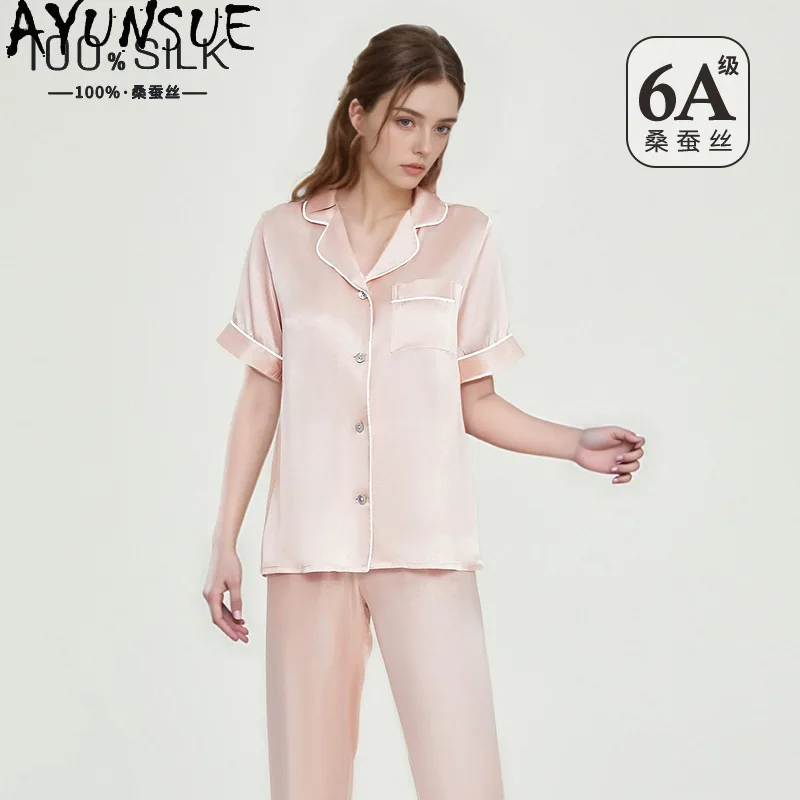 AYUNSUE 100% Silk Womens Matching Sets Solid Color Pajamas for Women Short Sleeve Tops Long Pants Woman Clothes Summer Pijamas - AliExpress Women's Sleep & Lounge