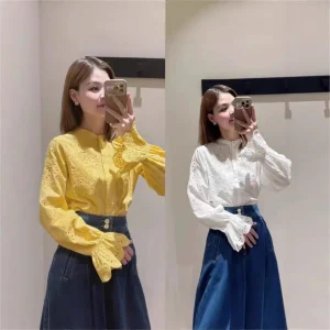 Retro Sle Loose Fit Cotton irt with Hollow out Embroidery round Ne Bell Sve Early Autumn New Arrival Women's Top - AliExpress Shirts & Blouses