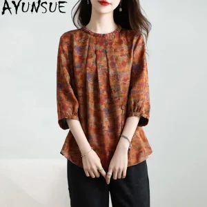 AYUNSUE 100% Mulberry Silk T-shirt Elegant Blouses for Women Summer Clothes Vintage Womens Tops Print Gambiered Guangdong Gauze - AliExpress Shirts & Blouses