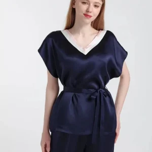 100% Mulberry Silk Women Waist Belt Pajamas Set Short Sleeve Shirt & Trousers 2Pieces Loose Sleepwear V Neck Nightwear Sleepwear - AliExpress Women's Sleep & Lounge