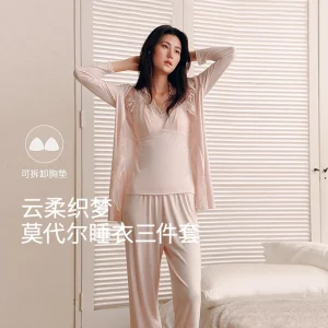 Women's pajamas three-piece set, cardigan with bra pads, soft modal home wear suit - AliExpress Women's Sleep & Lounge