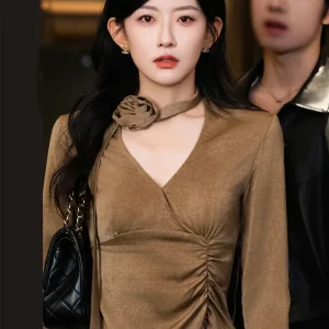Korean Rain New Chinese Sle National Trend irt Women's Early Spring Old Money Sle Coffee ort V-ne Celebri Top - AliExpress Shirts & Blouses
