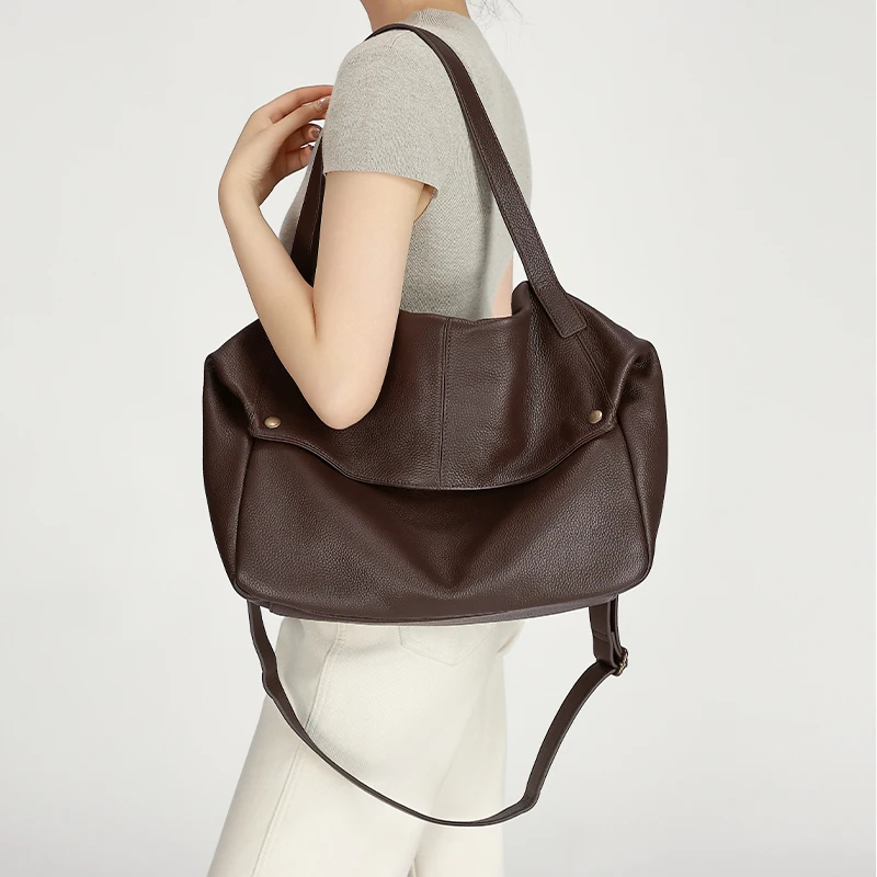 Genuine Cowhide Leather Large Slouchy Tote Bag for Women Pebbled Leather Foldable Shoulder Crossbody Bag Casual Leather Yoga Bag - AliExpress Women's Handbags