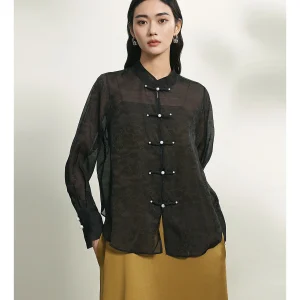 Annibycn High-End  Silk New Chinese Style Women's Shirt Vintage Atmosphere Button Micro Translucent Long Sleeve Top - AliExpress Shirts & Blouses