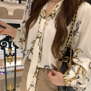 New 307 Benxe Long Sve Satin Design Sense Cool Wind Flower irt Ele Casual Sle Loose Fit Polyester Fiber Women's irt - AliExpress Shirts & Blouses