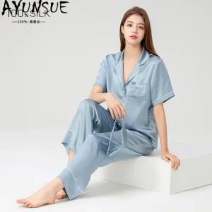 AYUNSUE 100% Silk Pajamas for Women Solid Color Sleepwear Short Sleeve Tops Long Pants Summer Cool Womens Matching Sets Пижама - AliExpress Women's Sleep & Lounge