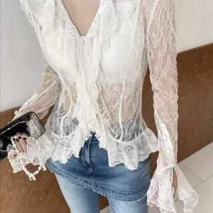 Ele Lace See-tough Bell Sve irt Slimming Waist Design French Sle Women's Summer Faion Small Size Friendly Blouse - AliExpress Shirts & Blouses