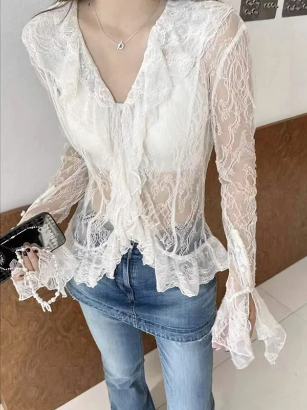 Ele Lace See-tough Bell Sve irt Slimming Waist Design French Sle Women's Summer Faion Small Size Friendly Blouse - AliExpress Shirts & Blouses