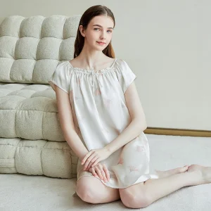 Women Summer 100% Mulberry Silk Nightgown Short Sleeve Floral Butterfly Print Sleep Dress Loose Elegant Luxury Pajama Loungewear - AliExpress Women's Sleep & Lounge