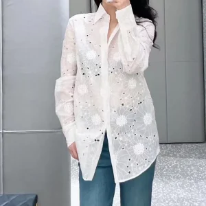 Women's Embroidery Flower Long Sleeve Shirt, Classic Hollow Out Design Top, Fashion Casual Versatile Blouse, Summer, New, 2025 - AliExpress Shirts & Blouses