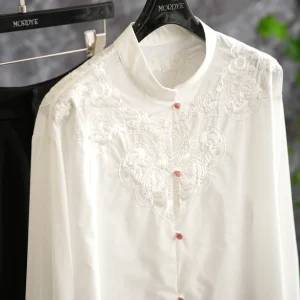 Elegant Chinese Style Shirt Women's Long Sleeve White Cotton Silk Embroidery Cloud Shoulder Button up Stand Collar Breathable... - AliExpress Shirts & Blouses
