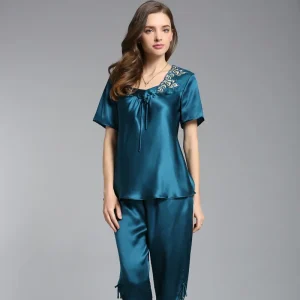 Chic Lace 100% Mulberry Silk Women's Short Sleeve Top & Pants Pajama Homewear Solid Color Square Neck Casual Pajamas Nightwear - AliExpress Women's Sleep & Lounge