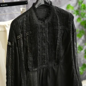 Elegant Black Linen Shirt High Quality Long Sleeve Stand Collar Accordion Pleat Loose Fit Women's Summer Fashion Top - AliExpress Shirts & Blouses