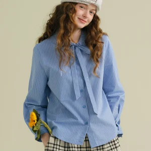 Rina Berry Blue Striped irt with Bow Tie Internal Match Vintage Design Casual Sle Women's Cotton Blend Long Sve Top - AliExpress Shirts & Blouses