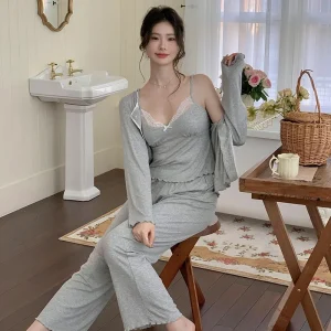 French Style New Three Piece Suspender Pajama Set Spring Autumn Sweet Cotton Long Sleeves Versatile Loungewear Outdoor Wear XL - AliExpress Women's Sleep & Lounge
