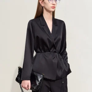 Amii Minimalism 2025 Summer New Women Silk Blouse Light Luxury Solid Stretch Side Placket Lapel Top With Belt Female 12422172 - AliExpress Shirts & Blouses