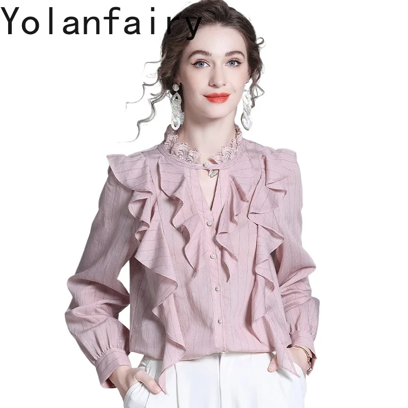 YOLANFAIRY 75% Viscose 24% Nylon Shirts for Women 2026 Spring Long Sleeve Blouse Ruffled Womens Tops Elegant Spliced Lace Shirt - AliExpress Shirts & Blouses