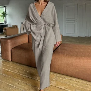 Spring New Casual Suit Set V Neck Long Sleeve Lace Up Top Loose Trousers A Relaxed Fashionable Look Pajama set Sleepwear L Size - AliExpress Women's Sleep & Lounge