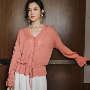 Romantic Pink Design V-Ne Hollow out iny Tead Knitwear Slimming Pleated Sve Dstring Sweater Cardigan for Women - AliExpress Sweaters&Jumpers