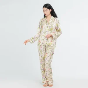 Floral Women's Pajama Set 19 Momme 100% Mulberry Silk Long Sleeve Button Top and Long Pants Two Piece Casual Homewear Loungewear - AliExpress Women's Sleep & Lounge